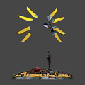 Game Movie Robot Character with Blue Armor Glowing Eyes Holding Weapon and Yellow Light Beams