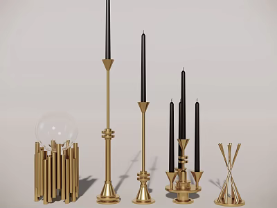 Elegant Golden Candle Holders With Black Candles And Modern Decorative Design 3d model