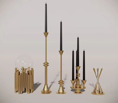 Elegant Golden Candle Holders With Black Candles And Modern Decorative Design 3d model