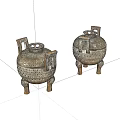 Two Piece Vintage Decorative Ornament Set With Three Legged Lidded Patterned Design 3d model