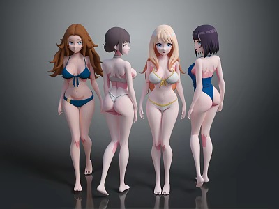 3D Rendered Game Movie Female Characters In Bikini With Different Hairstyles 3d model