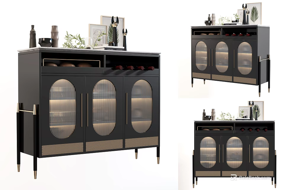 Elegant Modern Black Sideboard With Arched Glass Doors And Decorative Items 3d model
