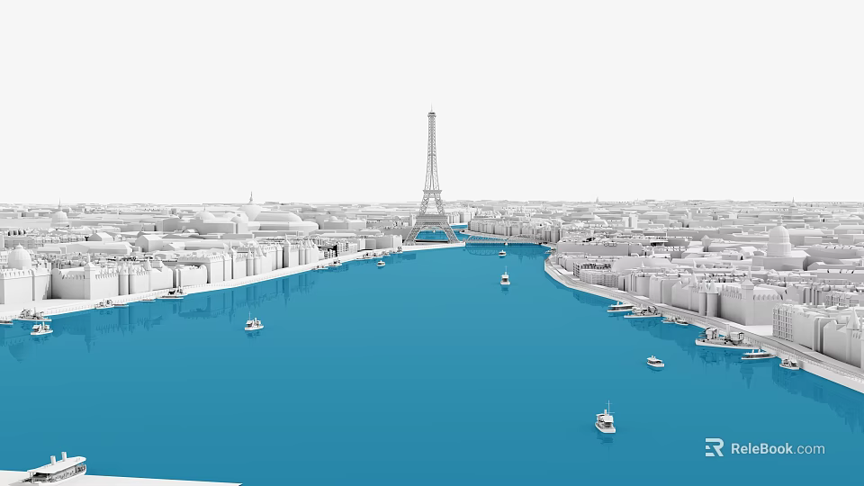 Paris Cityscape Featuring Eiffel Tower River And Boats In Urban View 3d model 