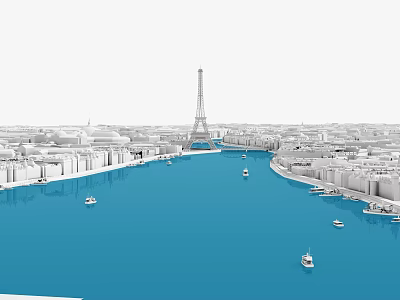 Paris Cityscape Featuring Eiffel Tower River And Boats In Urban View 3d model