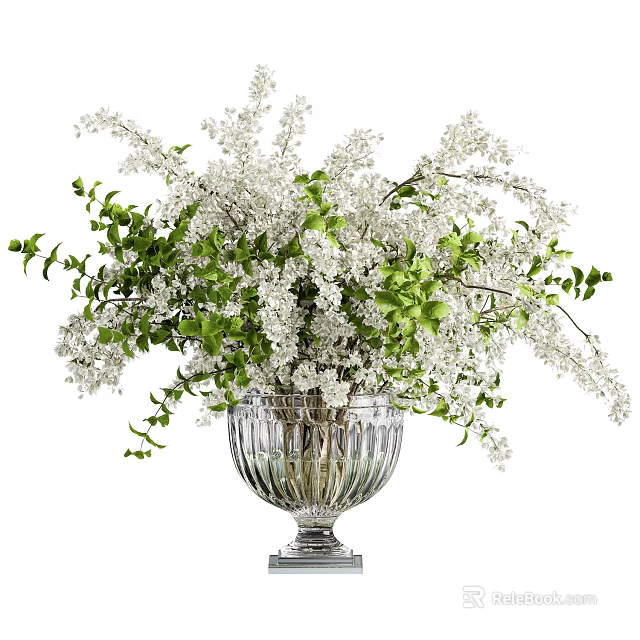 Elegant Transparent Glass Vase With White Flowers And Green Leaves 3d model 