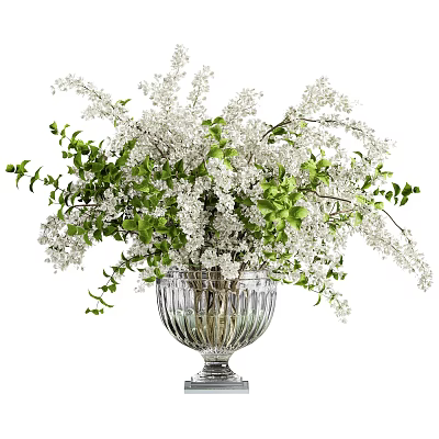 Elegant Transparent Glass Vase With White Flowers And Green Leaves 3d model