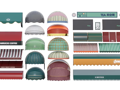 Various Colored Commercial Awnings In Different Styles For Coffee Tea Shops 3d model
