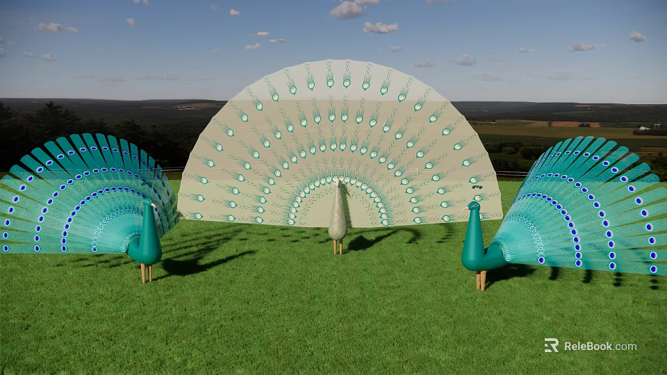 Three Peacocks With Spread Turquoise Feathers On Green Grass Field Under Blue Sky 3d model 