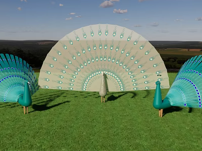Three Peacocks With Spread Turquoise Feathers On Green Grass Field Under Blue Sky 3d model