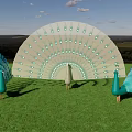 Three Peacocks With Spread Turquoise Feathers On Green Grass Field Under Blue Sky
