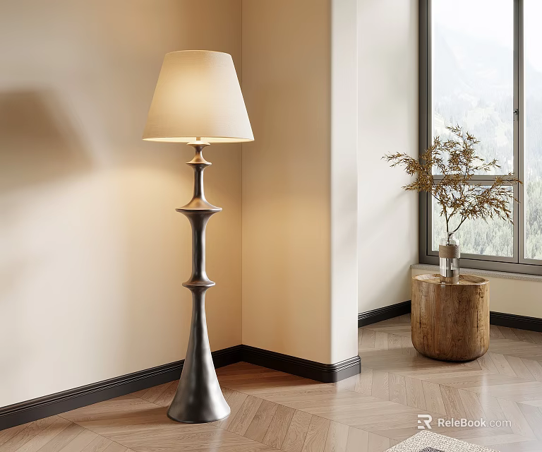 Stylish Floor Lamp With Wooden Plant Stand And Green Plant By Window With Mountain View 3d model 