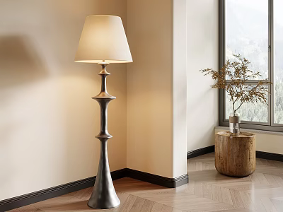 Stylish Floor Lamp With Wooden Plant Stand And Green Plant By Window With Mountain View 3d model