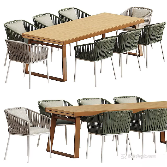 Modern Rectangular Wooden Dining Table With Rattan Chairs Metal Legs And White Cushions 3d model 