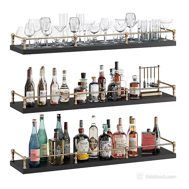 Multi-tiered Display Shelves With Wine Bottles And Glassware For Home Bar Storage 3d model 