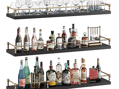 Multi-tiered Display Shelves With Wine Bottles And Glassware For Home Bar Storage 3d model