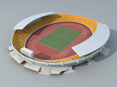 Modern Sports Stadium With Red Running Track Green Football Field And Yellow Seats 3d model
