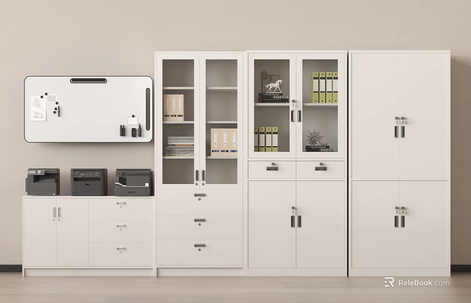 White Office Storage Cabinet With Drawers And Glass Doors In Office Environment 3d model 