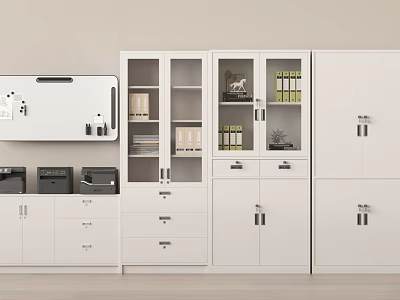 White Office Storage Cabinet With Drawers And Glass Doors In Office Environment 3d model