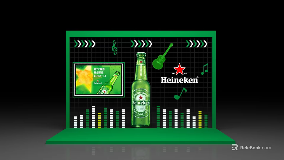 Heineken Themed Photo Check In Spot With Green Backdrop Music Notes And Guitar 3d model 