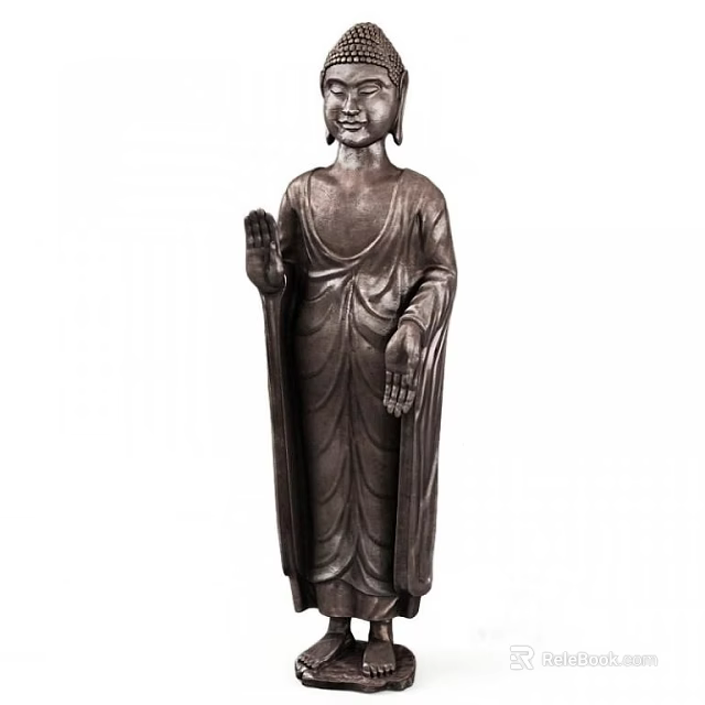 Traditional Brass Buddha Sculpture Carving With Standing Pose And Detailed Robe Patterns 3d model 