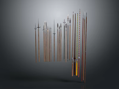 Traditional Weapons Collection Featuring Spears Swords With Wooden Shafts And Metal Heads In Vertical 3d model