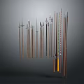 Traditional Weapons Collection Featuring Spears Swords With Wooden Shafts And Metal Heads In Vertical