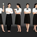Multiple Female Service Staff In White Shirts And Black Aprons With Different Poses