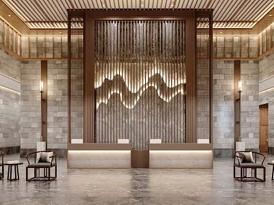 Chinese Style Hotel Lobby Interior With Wooden Structure Stone Walls And Mountain Pattern Screen 3d model