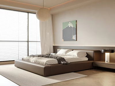 Modern Bedroom Interior With Brown Bed White Bedding Blinds Curtains Wall Art And Nightstand Lamp 3d model