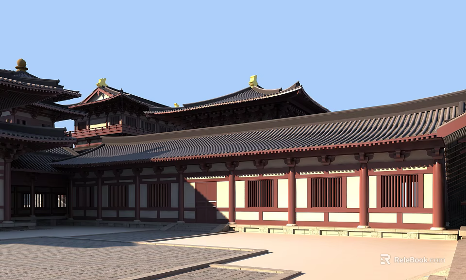 Ancient Chinese Architecture Featuring Traditional Curved Roofs Red Columns And Courtyard 3d model 