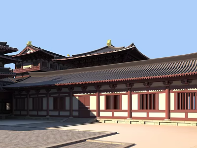 Ancient Chinese Architecture Featuring Traditional Curved Roofs Red Columns And Courtyard 3d model