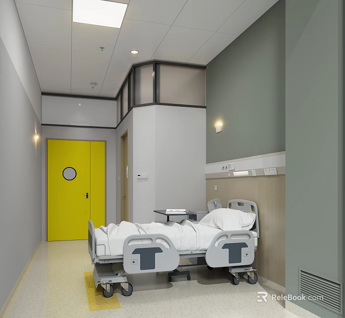 Modern Hospital Room Interior With Yellow Door Bedside Table And Gray Walls 3d model 