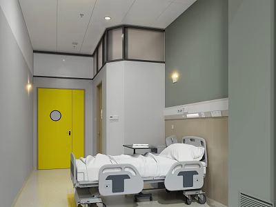Modern Hospital Room Interior With Yellow Door Bedside Table And Gray Walls 3d model