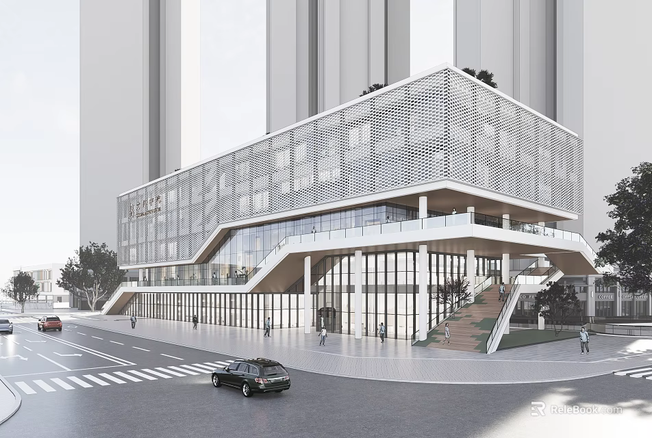 Modern Commercial Building With Glass Facade Geometric Design And Staircase On Urban Street 3d model 