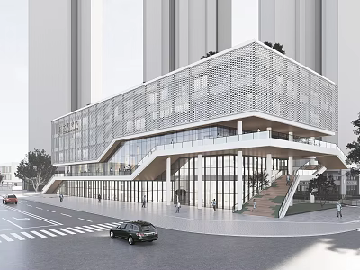 Modern Commercial Building With Glass Facade Geometric Design And Staircase On Urban Street 3d model