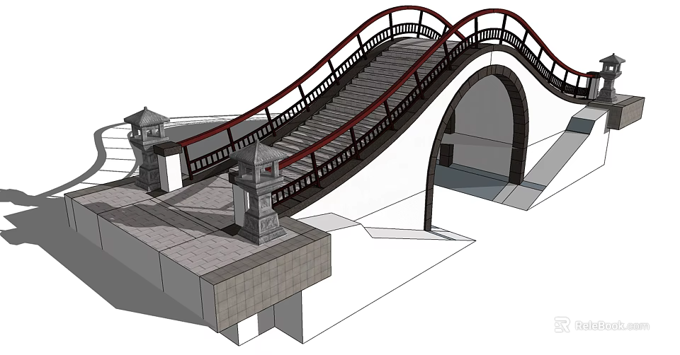 Chinese Style Landscape Bridge Featuring Arched Structure Red Railings and Stone Lanterns 3d model 