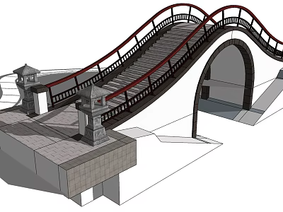 Chinese Style Landscape Bridge Featuring Arched Structure Red Railings and Stone Lanterns 3d model