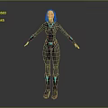 Game Movie Female Character 3D Model Dark Bodysuit with Blue Glowing Accents Standing Arms Outstretched
