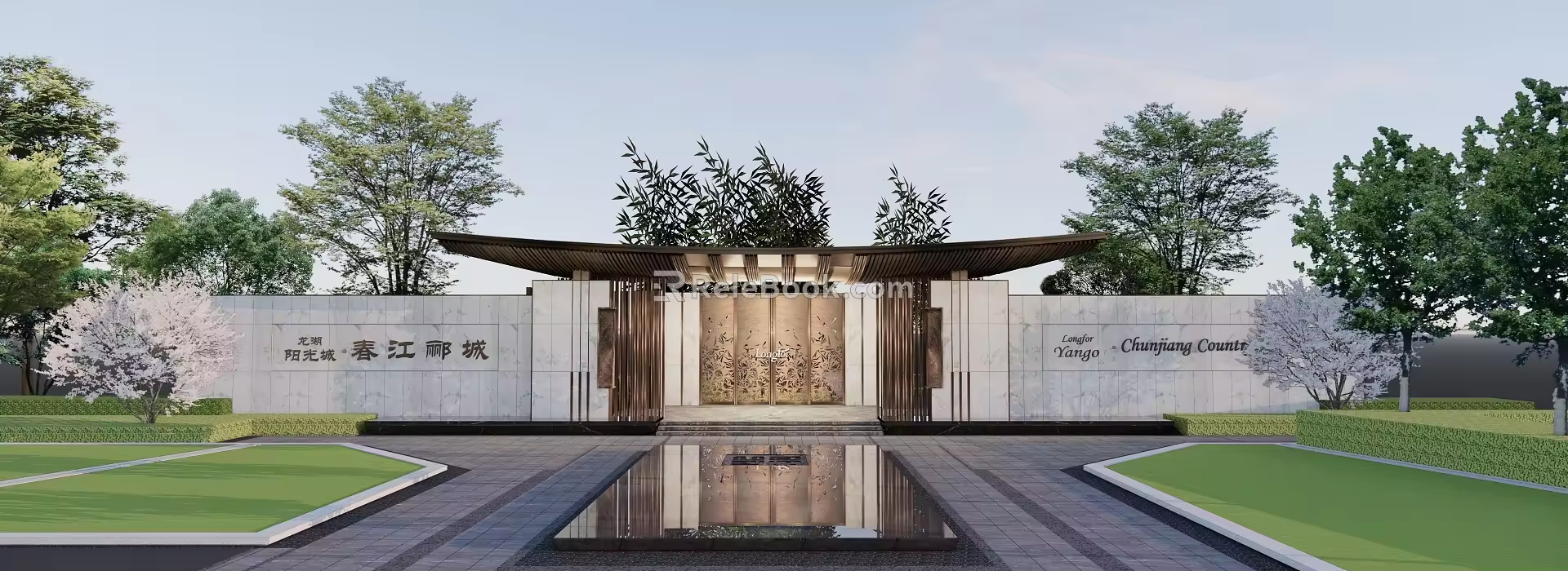 New Chinese Style Gate Bamboo Pattern Top-up Gate House Entrance Waterscape Wide View 3d model