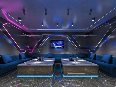 Modern KTV Room Interior With Blue Sofas Neon Lights Marble Floor And TV Screen 3d model
