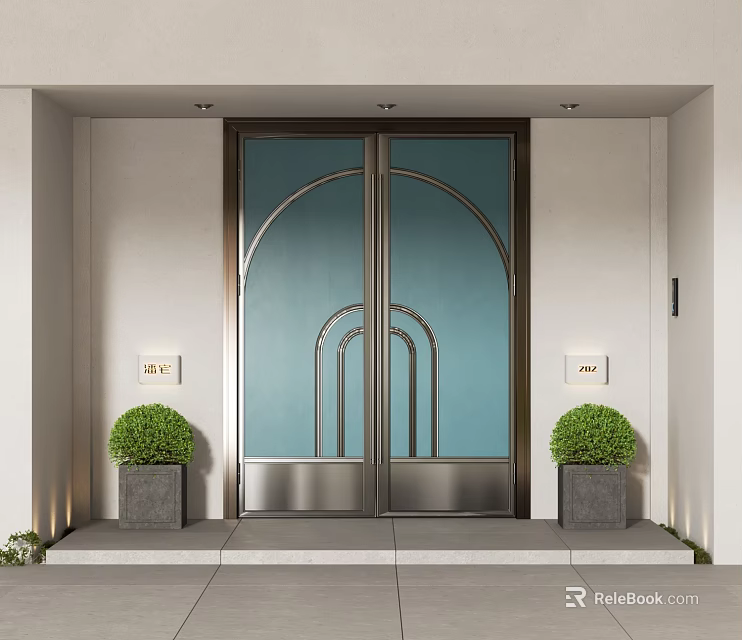 Modern Entrance Double Door With Metal Frame Glass Panels And Green Shrubs In Square Planters 3d model 