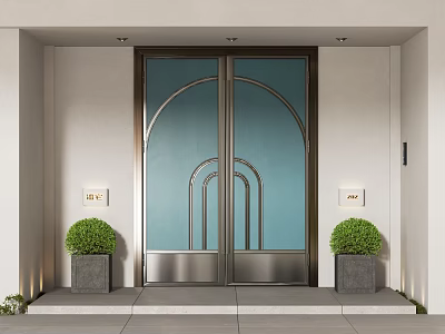 Modern Entrance Double Door With Metal Frame Glass Panels And Green Shrubs In Square Planters 3d model