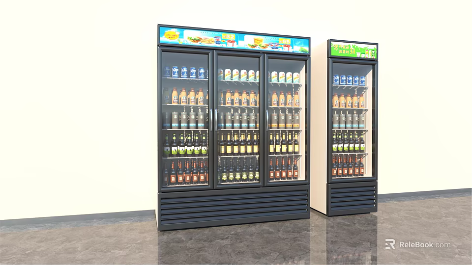 Commercial Upright Refrigerators Freezers Glass Door Display Stocked With Bottled Beverages 3d model 