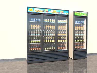 Commercial Upright Refrigerators Freezers Glass Door Display Stocked With Bottled Beverages 3d model