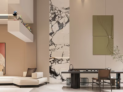 Modern Basement Interior With Sofa Art Table Chairs And Marble 3d model