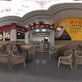Vibrant Restaurant Interior Featuring Red Walls Food Posters Wooden Tables And Order Counter
