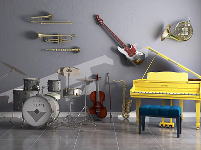 Musical Instruments Collection Featuring Yellow Piano Brass String Percussion And Woodwind Instruments 3d model