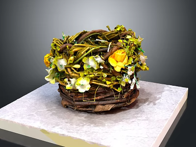 Household Decorative Woven Basket with Yellow White Flowers Green Foliage on Marble Surface 3d model