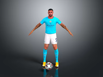 Soccer Player Model In Light Blue Manchester City Jersey With White Shorts And Soccer Ball 3d model