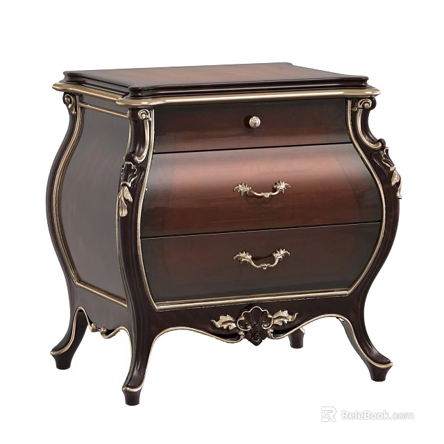 Classic Wooden Nightstand With Gold Accents Two Drawers And Carved Details 3d model 